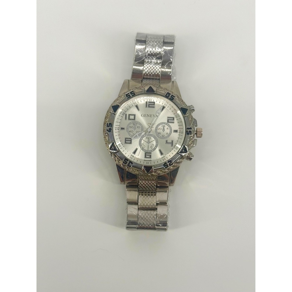 Geneva Mens Silver Tone Watch Analog Dial Link Bracelet Round Case New